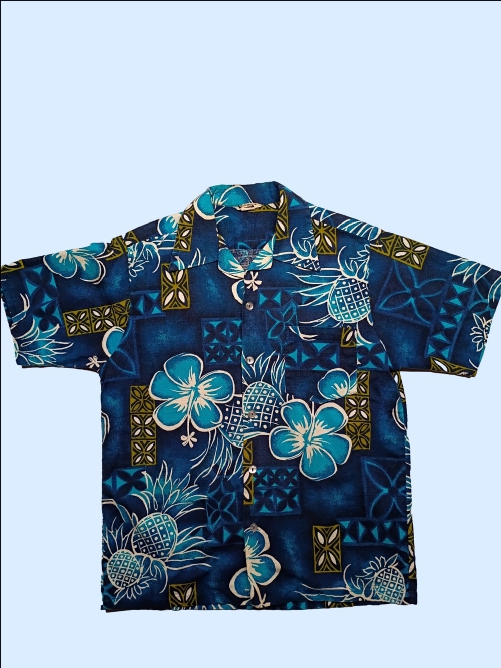 Vintage Hawiian Men's Blue Tropical Print Button-Down Shirt M/L Barkcloth